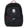 The England 26/27 Backpack by Castore features a black design with a white rose and Castore logo on the front pocket, plus red accents on the handle and zippers—ideal as a durable sports backpack for everyday use.