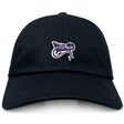 The EMB S&S Activewear Valley Panthers Rugby Adult Low-Profile Cotton Twill Dad Cap is black with a purple and white embroidered “Valley Panthers” logo and striking panther graphic on the front.