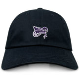 The EMB S&S Activewear Valley Panthers Rugby Adult Low-Profile Cotton Twill Dad Cap is black with a purple and white embroidered “Valley Panthers” logo and striking panther graphic on the front.