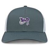 The Valley Panthers Rugby Retro Trucker Cap by EMB S&S Activewear features a gray and white design, embroidered panther head and "Valley Panthers" on the front, plus an adjustable snapback closure for the perfect fit.