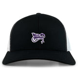 The EMB S&S Activewear Valley Panthers Rugby Retro Trucker Cap features a black and white design with an embroidered "Valley Panthers" logo, a stylized panther head on the front, and an adjustable snapback closure.