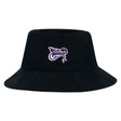 The EMB S&S Activewear Valley Panthers Rugby Crusher Bucket Cap is made from cotton twill and features a purple and white "Valley Panthers" logo with a panther graphic on the front for sun protection.