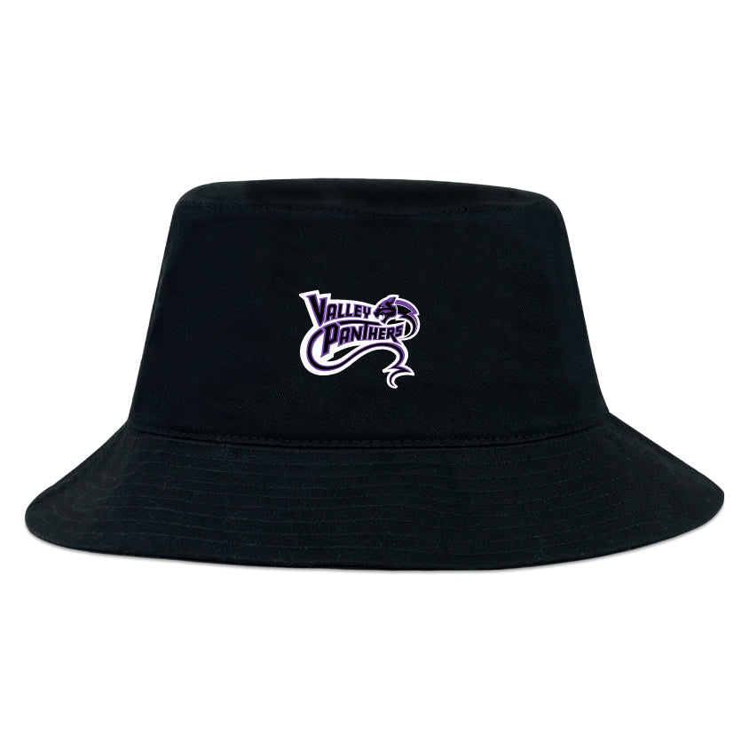 The EMB S&S Activewear Valley Panthers Rugby Crusher Bucket Cap is made from cotton twill and features a purple and white "Valley Panthers" logo with a panther graphic on the front for sun protection.