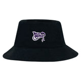 The EMB S&S Activewear Valley Panthers Rugby Crusher Bucket Cap is made from cotton twill and features a purple and white "Valley Panthers" logo with a panther graphic on the front for sun protection.