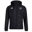The Valley Panthers Rugby Club Vaposhield Full Zip Rain Jacket by Canterbury features white chest logos, including the EMB Canterbury emblem. With VapoShield technology, this black hooded jacket is water-resistant, keeping you stylishly dry.