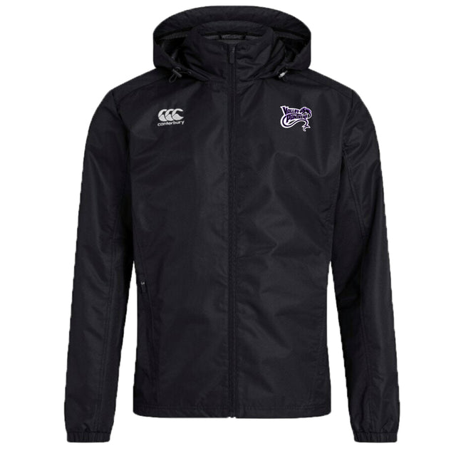 The Valley Panthers Rugby Club Vaposhield Full Zip Rain Jacket by Canterbury features white chest logos, including the EMB Canterbury emblem. With VapoShield technology, this black hooded jacket is water-resistant, keeping you stylishly dry.