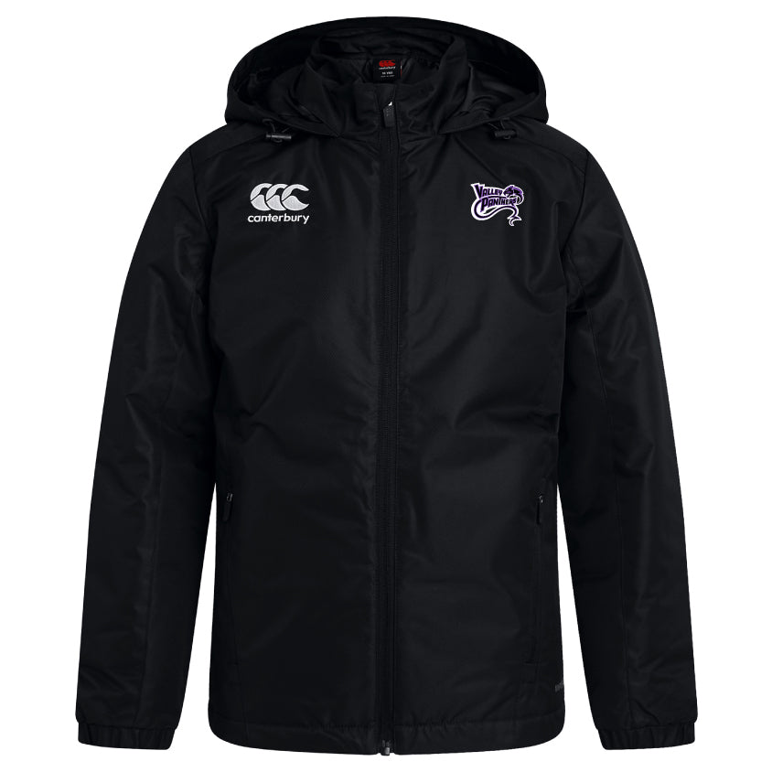 The Valley Panthers Rugby Club Vaposhield Stadium Jacket by EMB Canterbury features a zipper front, black hood, and displays the Canterbury logo on the right chest with a purple emblem on the left. It's crafted with VapoShield technology for water repellence.
