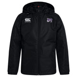 The Valley Panthers Rugby Club Vaposhield Stadium Jacket by EMB Canterbury features a zipper front, black hood, and displays the Canterbury logo on the right chest with a purple emblem on the left. It's crafted with VapoShield technology for water repellence.