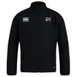 The Valley Panthers Rugby Club Track Jacket by EMB Canterbury features a front zipper with an EMB Canterbury logo on the right and a purple emblem on the left chest. This lightweight design ensures quick drying, making it perfect for active wear.