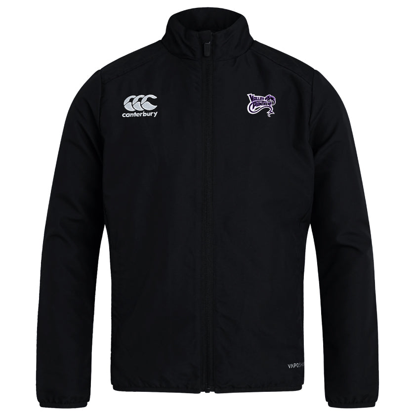 The Valley Panthers Rugby Club Track Jacket by EMB Canterbury features a front zipper with an EMB Canterbury logo on the right and a purple emblem on the left chest. This lightweight design ensures quick drying, making it perfect for active wear.