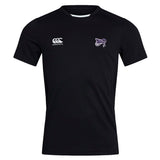 The Valley Panthers Rugby Club Dry Tee by EMB Canterbury is a black, short-sleeved sports shirt designed with breathable fabric and Vapodri Technology. It has two white logos on the chest for optimal performance and comfort.