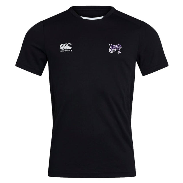 The Valley Panthers Rugby Club Dry Tee by EMB Canterbury is a black, short-sleeved sports shirt designed with breathable fabric and Vapodri Technology. It has two white logos on the chest for optimal performance and comfort.