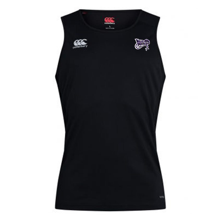 Experience the peak performance of the black Valley Panthers Rugby Club Dry Singlet by EMB Canterbury. With a stylized "CCC" on the right chest and rugby-themed logo on the left, this sleeveless sports tank top features advanced Vapodri Technology—ideal for any Canterbury enthusiast.