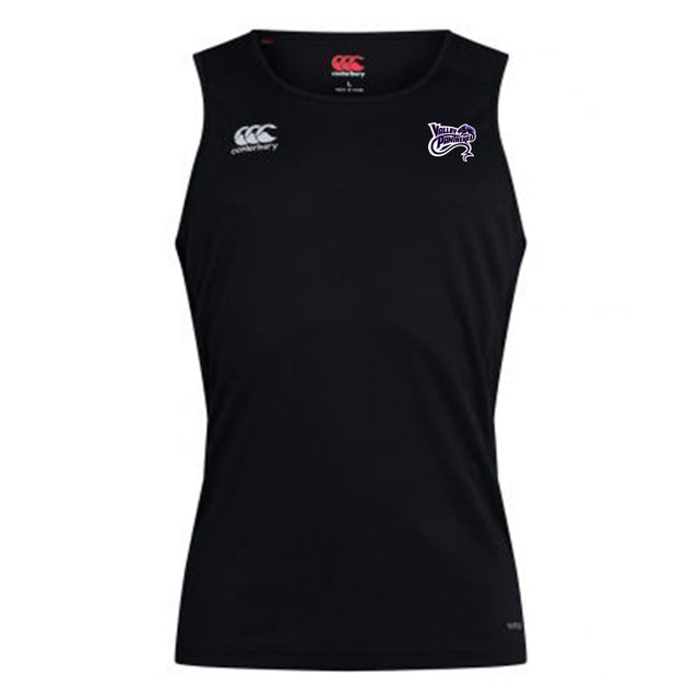 Experience the peak performance of the black Valley Panthers Rugby Club Dry Singlet by EMB Canterbury. With a stylized "CCC" on the right chest and rugby-themed logo on the left, this sleeveless sports tank top features advanced Vapodri Technology—ideal for any Canterbury enthusiast.