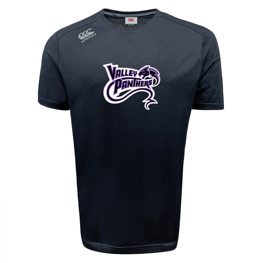 The "Valley Panthers Rugby Tempo Vapodri T-Shirt" by WRS Canterbury showcases a purple and white "Valley Panthers" logo on the front, featuring moisture-wicking VapoDri technology for optimal comfort.
