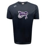 The "Valley Panthers Rugby Tempo Vapodri T-Shirt" by WRS Canterbury showcases a purple and white "Valley Panthers" logo on the front, featuring moisture-wicking VapoDri technology for optimal comfort.
