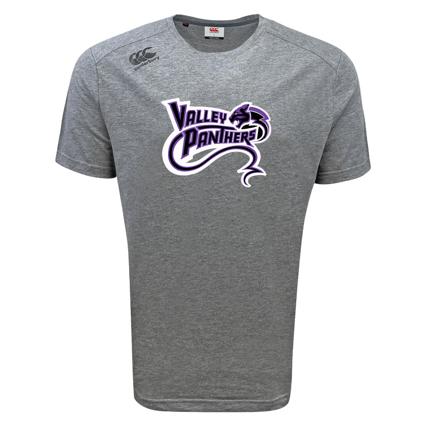 The Valley Panthers Rugby Tempo Vapodri T-Shirt by WRS Canterbury showcases a vivid panther graphic with "Valley Panthers" in purple and black text. Its VapoDri technology ensures moisture-wicking comfort throughout the day.