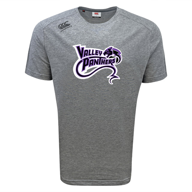 The Valley Panthers Rugby Tempo Vapodri T-Shirt by WRS Canterbury showcases a vivid panther graphic with "Valley Panthers" in purple and black text. Its VapoDri technology ensures moisture-wicking comfort throughout the day.