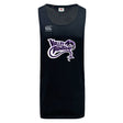 The Valley Panthers Rugby Tempo Vapodri Singlet by WRS Canterbury features a black sleeveless design with the "Valley Panthers" logo in purple and white, integrates VapoDri technology for moisture management, and is made from recycled polyester, making it an eco-friendly choice for sports enthusiasts.