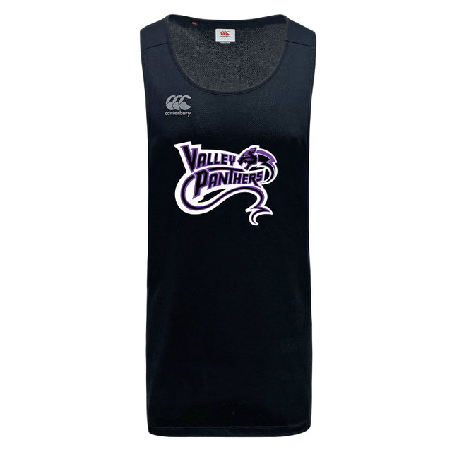 The Valley Panthers Rugby Tempo Vapodri Singlet by WRS Canterbury features a black sleeveless design with the "Valley Panthers" logo in purple and white, integrates VapoDri technology for moisture management, and is made from recycled polyester, making it an eco-friendly choice for sports enthusiasts.
