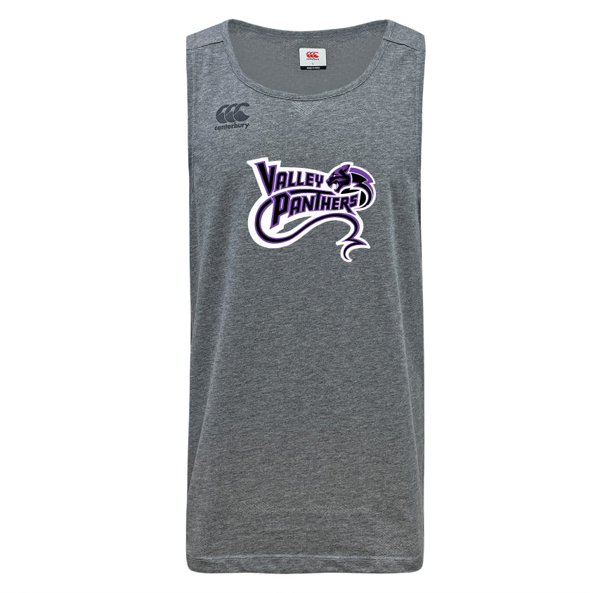 The Valley Panthers Rugby Tempo Vapodri Singlet by WRS Canterbury is a gray sleeveless jersey with a striking panther logo. It features VapoDri technology for moisture management and is made from recycled polyester.