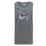 The Valley Panthers Rugby Tempo Vapodri Singlet by WRS Canterbury is a gray sleeveless jersey with a striking panther logo. It features VapoDri technology for moisture management and is made from recycled polyester.