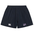 The Valley Panthers Rugby Yokohama Shorts by EMB Canterbury offer a secure fit with a white logo on the left and purple "Warriors" emblem on the right, crafted from lightweight fabric for ultimate comfort.