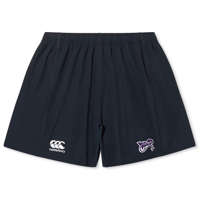 The Valley Panthers Rugby Yokohama Shorts by EMB Canterbury offer a secure fit with a white logo on the left and purple "Warriors" emblem on the right, crafted from lightweight fabric for ultimate comfort.