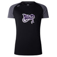 The Valley Panthers Rugby Women's Elite Training Tee by WRS Canterbury is a black and gray short-sleeve sports shirt featuring a purple panther head logo. Made with Vapodri lightweight fabric, it keeps you dry and comfortable during workouts.