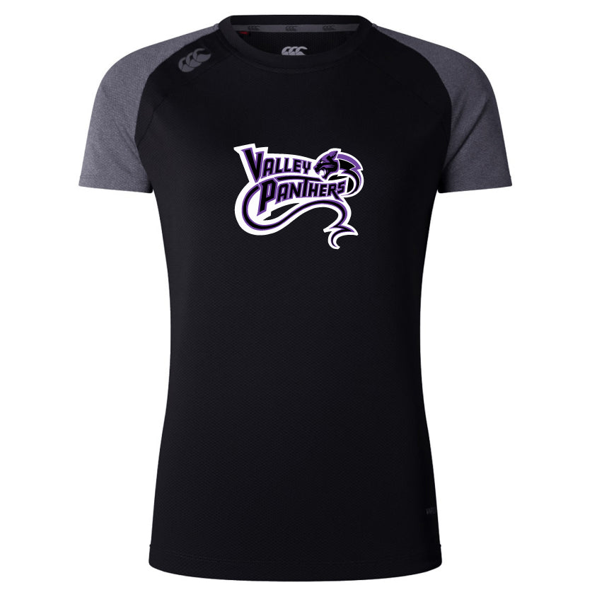 The Valley Panthers Rugby Women's Elite Training Tee by WRS Canterbury is a black and gray short-sleeve sports shirt featuring a purple panther head logo. Made with Vapodri lightweight fabric, it keeps you dry and comfortable during workouts.