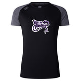 The Valley Panthers Rugby Women's Elite Training Tee by WRS Canterbury is a black and gray short-sleeve sports shirt featuring a purple panther head logo. Made with Vapodri lightweight fabric, it keeps you dry and comfortable during workouts.