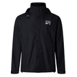The Valley Panthers Rugby Elite Storm Jacket by Canterbury, featuring a black design with a hood and a small purple and white logo on the left chest, offers ultimate waterproof protection with Vaposhield, keeping you dry and stylish in any weather. Brand: EMB Canterbury.
