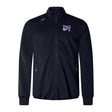The Valley Panthers Rugby Elite Windstopper Jacket by EMB Canterbury is a black softshell featuring weatherproofing, a high collar, two zip pockets, and a stylized ram's head logo on the upper left chest.