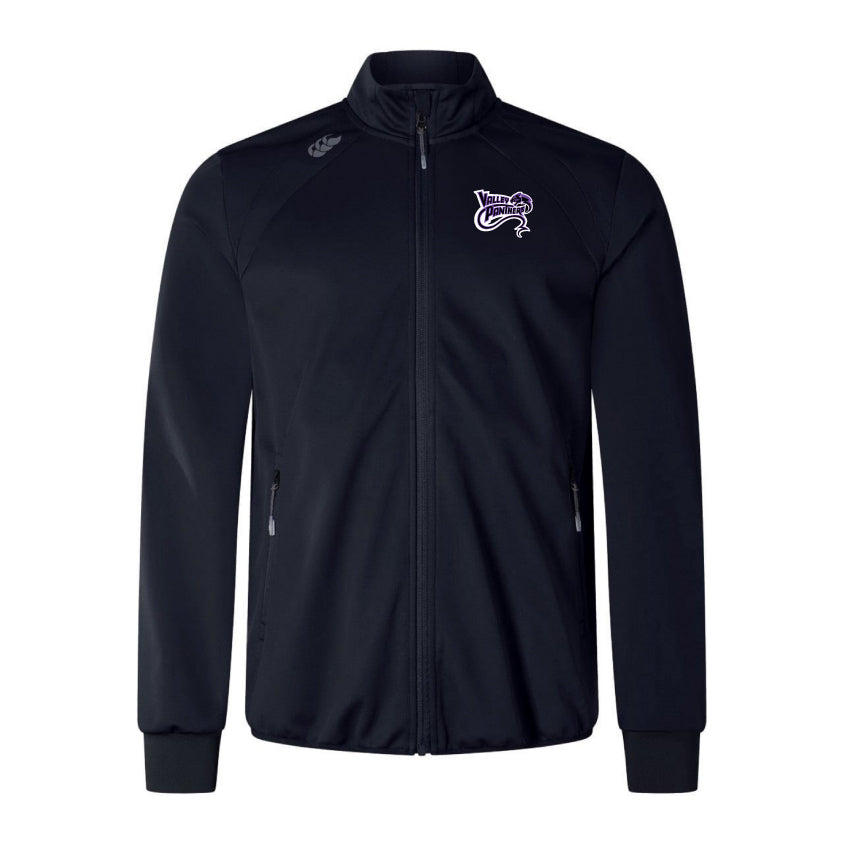 The Valley Panthers Rugby Elite Windstopper Jacket by EMB Canterbury is a black softshell featuring weatherproofing, a high collar, two zip pockets, and a stylized ram's head logo on the upper left chest.