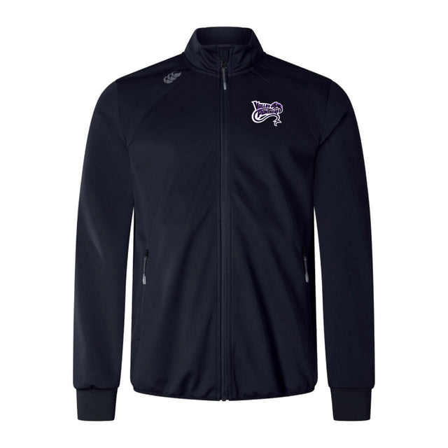 The Valley Panthers Rugby Elite Windstopper Jacket by EMB Canterbury is a black softshell featuring weatherproofing, a high collar, two zip pockets, and a stylized ram's head logo on the upper left chest.