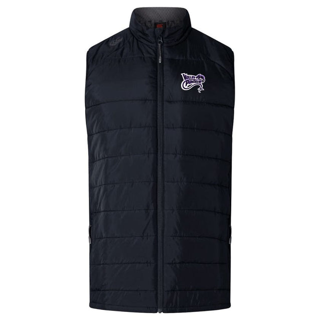The Valley Panthers Rugby Elite Microlite Gilet by EMB Canterbury features black insulated baffles, a front zipper, and the "Wildcats Cheer" logo on the left chest.