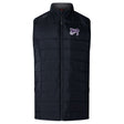 The Valley Panthers Rugby Women's Elite Microlite Gilet by EMB Canterbury is a stylish black padded vest featuring a logo with text and an image on the upper left side. Enhanced with thermoreg bonded fleece, it provides warmth while maintaining a sleek look.