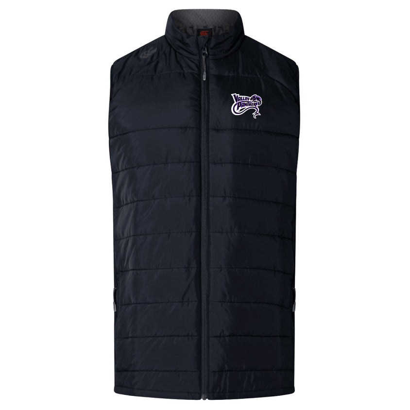 The Valley Panthers Rugby Women's Elite Microlite Gilet by EMB Canterbury is a stylish black padded vest featuring a logo with text and an image on the upper left side. Enhanced with thermoreg bonded fleece, it provides warmth while maintaining a sleek look.