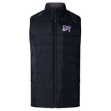 The Valley Panthers Rugby Women's Elite Microlite Gilet by EMB Canterbury is a stylish black padded vest featuring a logo with text and an image on the upper left side. Enhanced with thermoreg bonded fleece, it provides warmth while maintaining a sleek look.
