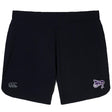 Upgrade your training with EMB Canterbury's Valley Panthers Rugby Elite Woven Short. These gym shorts are black, featuring a white logo on the left leg and a purple logo on the right leg, adding style and performance to your workout sessions.