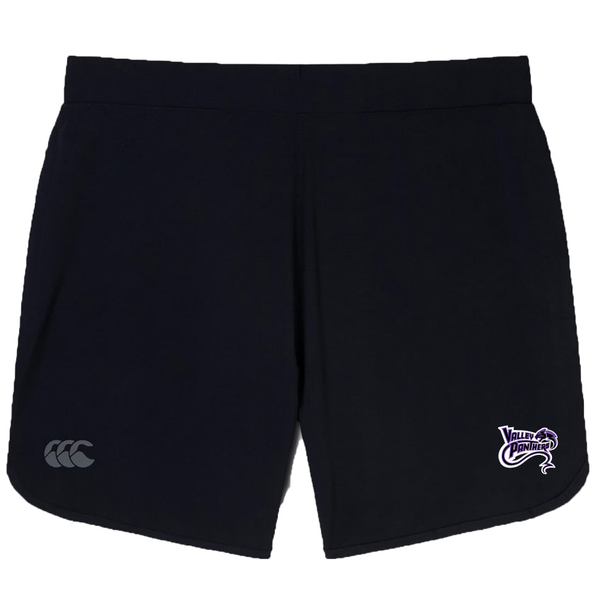 Upgrade your training with EMB Canterbury's Valley Panthers Rugby Elite Woven Short. These gym shorts are black, featuring a white logo on the left leg and a purple logo on the right leg, adding style and performance to your workout sessions.
