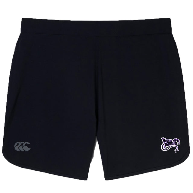 Upgrade your training with EMB Canterbury's Valley Panthers Rugby Elite Woven Short. These gym shorts are black, featuring a white logo on the left leg and a purple logo on the right leg, adding style and performance to your workout sessions.