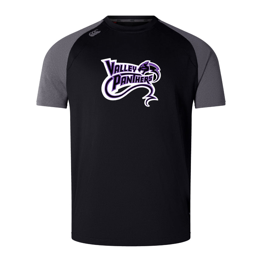 Black and gray Valley Panthers Rugby Elite Training Tee by WRS Canterbury, showcasing the "Valley Panthers" logo on the front and made with Vapodri fabrics for enhanced comfort.