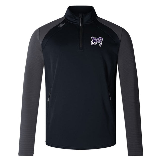 Black and gray long-sleeve pullover crafted from performance fabric, featuring the Valley Panthers Rugby Elite 1/4 Zip design with an "EMB Canterbury" logo on the left chest—a perfect training top for dedicated enthusiasts.