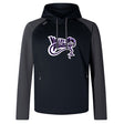 The Valley Panthers Rugby Elite Training Hoody by WRS Canterbury is a comfortable black and gray hoodie with the "Valley Panthers" logo in purple and white, crafted from premium fabrics for a cozy fit.