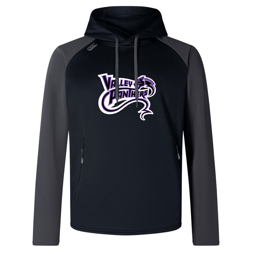 The Valley Panthers Rugby Elite Training Hoody by WRS Canterbury is a comfortable black and gray hoodie with the "Valley Panthers" logo in purple and white, crafted from premium fabrics for a cozy fit.