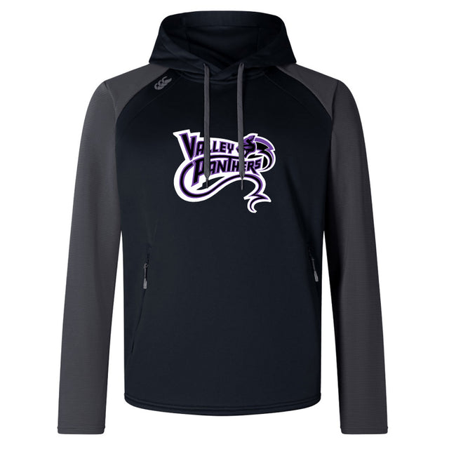 The Valley Panthers Rugby Elite Training Hoody by WRS Canterbury is a comfortable black and gray hoodie with the "Valley Panthers" logo in purple and white, crafted from premium fabrics for a cozy fit.