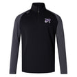 The Valley Panthers Rugby Elite First Layer by EMB Canterbury is a black and gray long-sleeve quarter-zip pullover featuring a chest logo. Using VapoDri technology, it's ideal for training, keeping you comfortable and dry. Part of the Canterbury Elite collection.