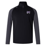 The Valley Panthers Rugby Elite First Layer by EMB Canterbury is a black and gray long-sleeve quarter-zip pullover featuring a chest logo. Using VapoDri technology, it's ideal for training, keeping you comfortable and dry. Part of the Canterbury Elite collection.