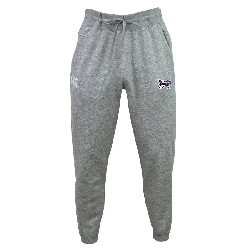The Valley Panthers Rugby Leisure Sweatpant by Canterbury from EMB Canterbury features recycled polyester fleece, an elastic waistband, drawstring, and logo patches on the left hip and right thigh—combining comfort with eco-friendly style.